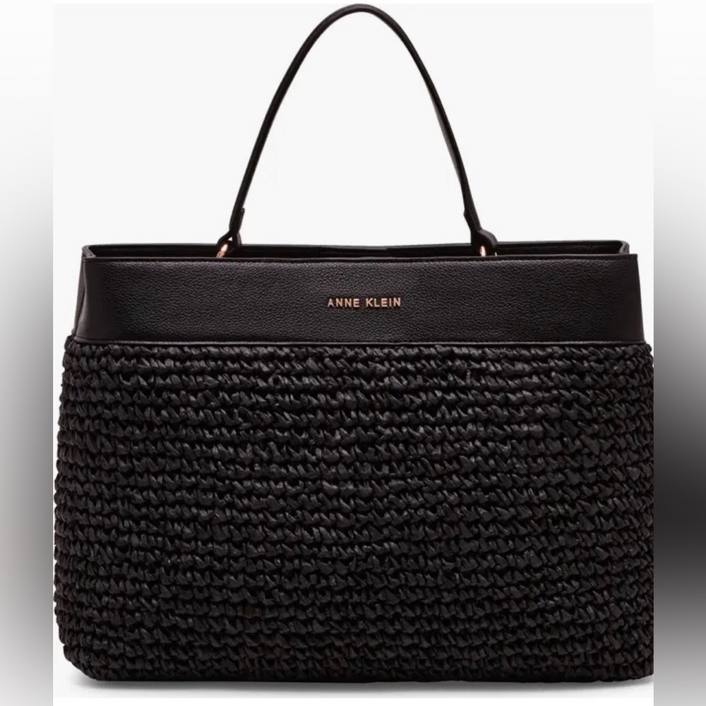 NWOT Anne Klein Black Woven Straw Satchel|Crossbody Tote, No Pouch